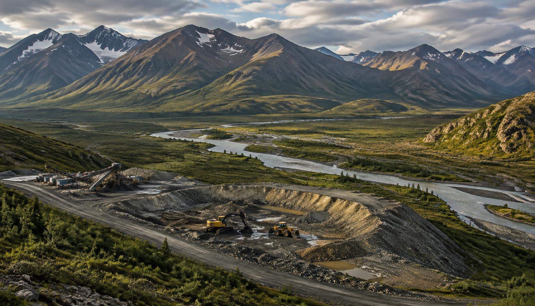 Illustrative aerial view of an Alaskan placer mining landscape with mountains, a river valley, and mining equipment